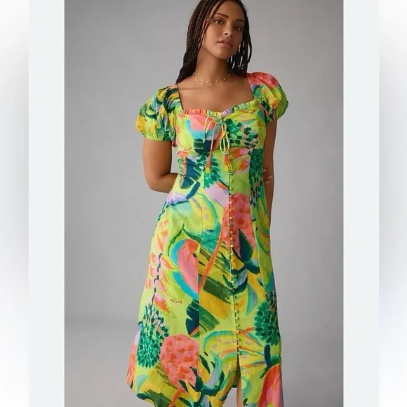 FARM Rio | Dresses | Farm Rio Anthropologie Printed Puff Sleeve Midi Dress  Small | Poshmark